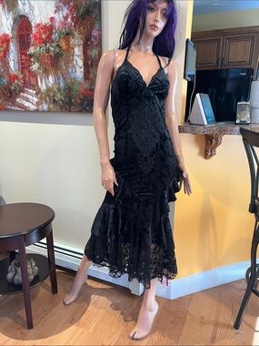 Black ornate velvet S Lace Halter gothic Dress nwt